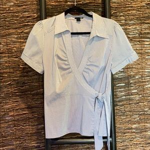 Blue and white, wrap around blouse, size 12